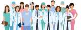 Group of doctors and nurses characters in different poses with vector profile avatars. Medical people. Hospital staff.